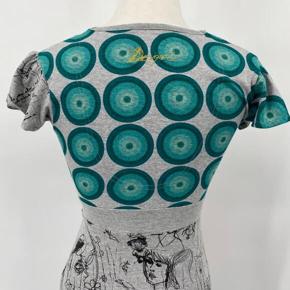 Desigual Nagore Mini Dress Sketchbook Pattern Fit & Flare V Neck Grey Womens S - Picture 12 of 16